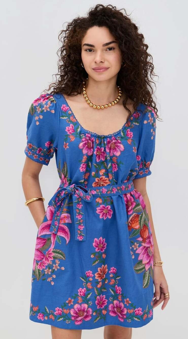 Farm Rio Summer Fruit Blue Linen Blend Mini Dress Size Small Babydoll